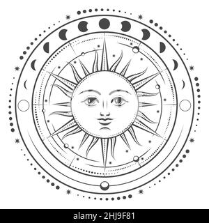 Vintage Hand zeichnen Sonne, Nachthimmel, Mondphase und Planeten. Heilige Geometrie, Magie, esoterische Philosophien, Tattoo-Kunst isoliert auf Weiß. Vektor illustrr Stock Vektor