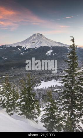 Majestätischer Blick auf Mount Hood während eines Sonnenuntergangs im Winter, aufgenommen vom Mount Hood National Forest in Oregon Stockfoto