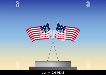 Zwei US-Flaggen auf einem Sockel mit Sonnenuntergangshintergrund gekreuzt - Illustration Stockfoto