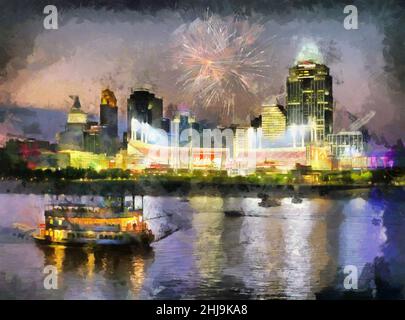 Die Skyline von Cincinnati und das Baseballstadion der Cincinnati Reds mit Feuerwerk und einem Vorderradboot auf dem Ohio River. Wie angezeigt Stockfoto