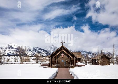 Kapelle der Verklärung im Grand Teton National Park, Wyoming, USA Stockfoto