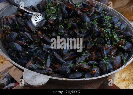 Nahaufnahme Kochen gedünstete und geröstete belgische Muscheln mit Kräutern in großer Bratpfanne, Seitenansicht aus dem hohen Winkel Stockfoto