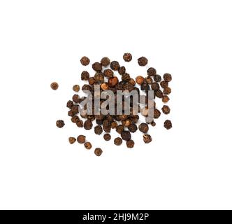 Nahaufnahme Haufen schwarzer Pfeffer Pfefferkörner verschüttet und verteilt um isoliert auf weißem Hintergrund, erhöhte Draufsicht, direkt darüber Stockfoto