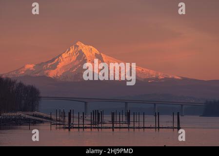 Schneebedeckter Mt Hood, der im Winter bei Sonnenuntergang über dem Columbia River, Portland, Oregon, glüht Stockfoto