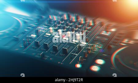 DJ Mixer Plattenspieler oder Entertainment-Station in rotem und blauem Licht. Stockfoto