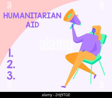Konzeptionelle Bildunterschrift Humanitäre Hilfe. Wort für sofortige Hilfe nach der natürlichen und von Menschen gemachten Katastrophe Frau Zeichnung hält Megaphon sitzen Stockfoto