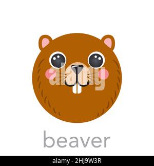 Beaver nettes Porträt mit Name Text Lächeln Kopf Cartoon runde Form Tiergesicht, isolierte Vektor-Symbol Illustrationen auf weißem Hintergrund. Flach einfache Hand gezeichnet für Kinder Poster, Karten, T-Shirts, Baby Stock Vektor