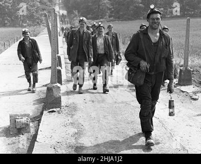 Die Bergleute der Bullclliffe Colliery in der Nähe von Wakefield sahen hier, wie sie aus der Schicht kamen. 30th. Juli 1963 Stockfoto