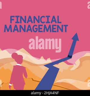 Schreiben mit dem angezeigten Text Financial Management. Konzeptionelle Foto Organisation und Steuerung der finanziellen Aktivitäten Lady Walking towards Mountains with Stockfoto