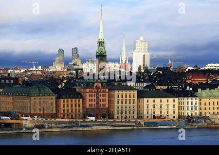 Stockholmer Altstadt am Wasser Panorama bei Sonnenuntergang, Stockholm, Schweden Stockfoto