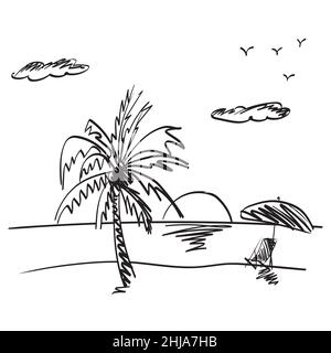 Linie Kunst Strand Hintergrund mit Bett und Regenschirm Illustration Vektor von Hand gezeichnet isoliert auf weißem Hintergrund Stock Vektor