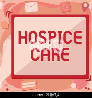 Textschild mit Hospizhilfe. Der Geschäftsansatz konzentriert sich auf die Palliation eines unheilbar kranken Patienten. S is Pain Abstract Deletieren Browser History Stockfoto