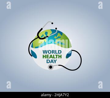 Das Poster zum Weltgesundheitstag ist ein globaler Tag des Gesundheitsbewusstseins, der jedes Jahr mit dem Konzept eines Stethoskops eines Arztes gefeiert wird. Stock Vektor