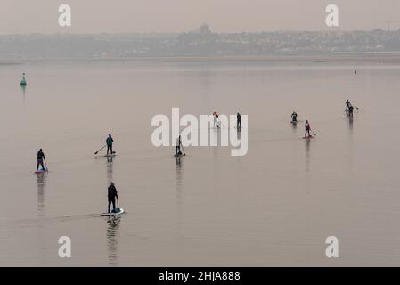 Am frühen Morgen geht es mit der Paddelgruppe an der Themse-Mündung zurück nach Chalkwell, nachdem wir am Southend Pier vorbeigefahren sind. Flaches, ruhiges Wasser vor der Küste. Neblig Stockfoto