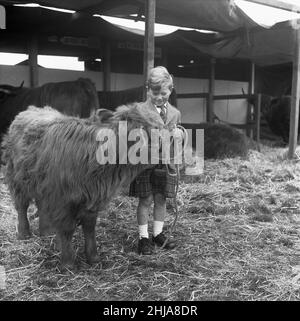 Ein sehr junger schottischer Bauer mit seinem Highland-Rinderkalb, bevor er ihn auf der Royal Agricultural Show in Newcastle im Ring zeigte. 24th. Juni 1962 Stockfoto