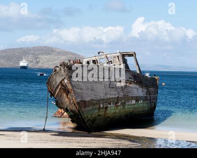 Schiffbruch aus Holz am Strand von Coffin’s Harbour, New Island, Falkland Islands. Stockfoto