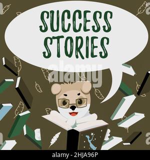Erfolgsgeschichten zur Konzeptunterschrift. Unternehmensüberblick Geschichte von etwas oder jemandem, der großen Erfolg erzielt Fox mit Brille sitzt in der Bibliothek Stockfoto