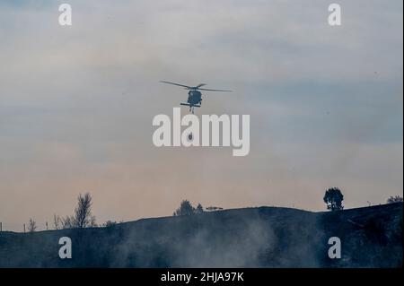 Eine North Dakota Army National Guard UH-60 Black Hawk fliegt durch den Rauch des Feuers in Roosevelt Creek in Billings County, North Dakota, 1. Mai 2021. (USA Foto der Armee-Nationalgarde von Sgt. Michaela C.P. Granger) Stockfoto