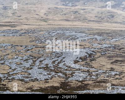 Blick auf die Steinläufe vom Mt. Williams, Schauplatz des Falkland-Konflikts im Juni 1982, Falklands. Stockfoto