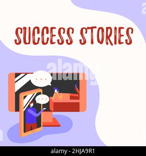 Erfolgsgeschichten zur Konzeptunterschrift. Geschäftsidee Geschichte von etwas oder jemandem, der großen Erfolg erzielt zwei Kollegen, die sich mit Gedanken austauschen Stockfoto