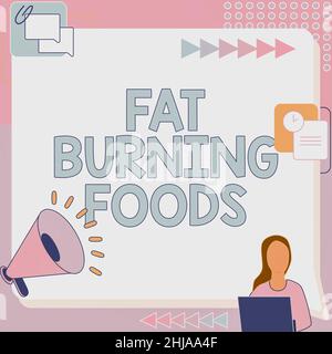 Textschild mit Fat Burning Foods. Konzeptionelle Foto produzieren Fettabbau durch die Stimulierung des Stoffwechsels, um den Appetit zu reduzieren Frau Zeichnen Sitzen Arbeiten als nächstes Stockfoto
