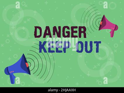 Handschriftschild Danger Eintritt verboten. Wort für Warnung Beschränkung Verbotene fernhalten Beobachten Sie ein Sicherheitspaar von Megaphonen, die Schallwellen erzeugen Stockfoto