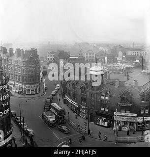 Blick auf das Stadtzentrum von Doncaster von der Spitze des Co-op-Gebäudes. South Yorkshire. 5th. April 1962. Stockfoto