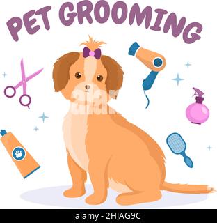 PET Grooming für Hunde und Katzen in flacher Cartoon Hand gezeichnet Hintergrund Illustration. Die wichtigsten Werkzeuge, die im Schönheitssalon für Poster oder Banner verwendet werden Stock Vektor