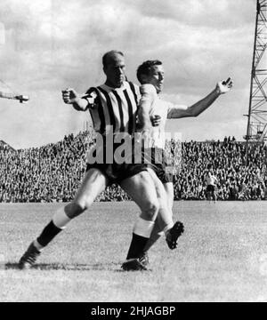 Newcastle United / Southampton. Die linke Hälfte von Newcastle, Jim Iley, stößt während des Spiels im St James's Park auf Southampton, der sich rechts innen, O'Brien, befindet. 29th. August 1964. Stockfoto