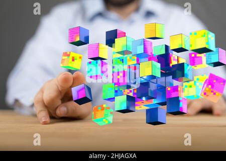 Person, die einen 3D Render digitaler Würfel präsentiert Stockfoto