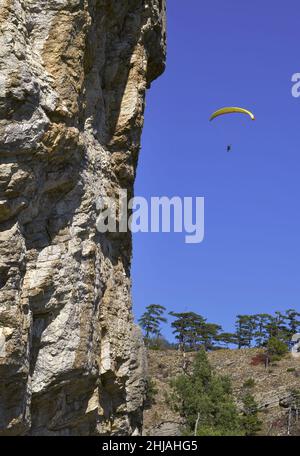 Die Flucht von 2 Menschen auf dem Gleitschirm über die Bäume und die Berge der Krim. Aktive extreme Erholung. Russland, 2019 Stockfoto