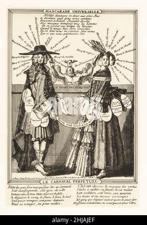 Allegorische Figur der Zeit mit Sanduhr, die Masken auf das Gesicht einer Frau und eines Gentleman setzt, die mehrere Masken tragen. Satirischer Stich des ewigen Karnevals, der Ewigen Maskerade, 18th. Jahrhundert. Le Carnaval Perpetuel. Mascarade Universelle. Lithographie nach einem Stich von Nicolas Guerard aus Henry Rene d’Allemagne’s Recreations et Passe-Temps, Games and Pastimes, Hachette, Paris, 1906. Stockfoto