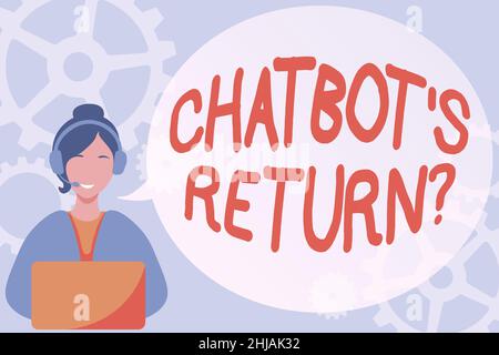 Textunterschrift, die Chatbot s darstellt, ist Rückfrage. Business Overview-Programm, das kommunizieren verwenden Text-Schnittstelle und AI Lady Call Center Stockfoto