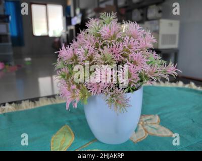 Künstliche rosa Blüten in weißer Vase auf dem Tisch Stockfoto