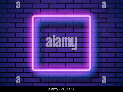 Neonrahmen mit quadratischer Form an der blauen Ziegelwand. Klassisches rechteckiges 80er Jahre Stil lila glänzend leuchtenden Neon-Schild. Stock Vektor