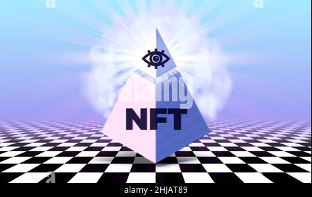 NFT-Schild mit mystischer Pyramide und Auge. Nicht-fungible Token-Konzeptdarstellung. Stock Vektor