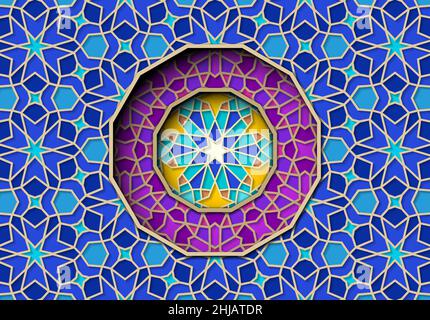 Arabisches Ornament mit Girih-Mustern und rundes Rahmenelement mit Stern. Abstrakter islamischer Hintergrund mit traditionellem geometrischen Muster Stock Vektor