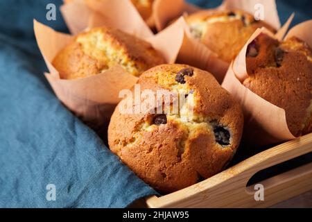 Eine Gruppe von Muffins mit Beeren und Schokolade auf einem Tablett. Vorderansicht. Stockfoto