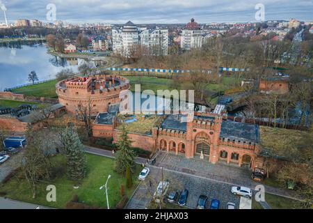 Russland, Königsberg. Luftaufnahmen. Festungsturm aus der Mitte des neunzehnten Jahrhunderts. Das Hotel liegt im Zentrum von Königsberg an der Werchneje Stockfoto