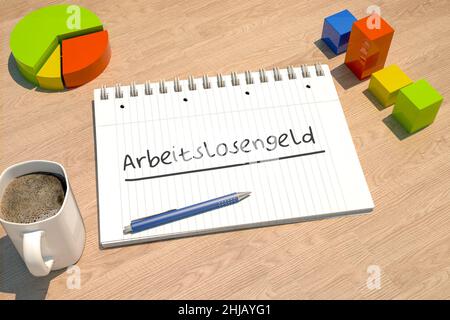 Arbeitslosengeld - deutsch Wort für Arbeitslosengeld oder Dole Money - Textkonzept mit Notizbuch, Kaffeebecher, Bargraph und Tortendiagramm auf Holzrücken Stockfoto