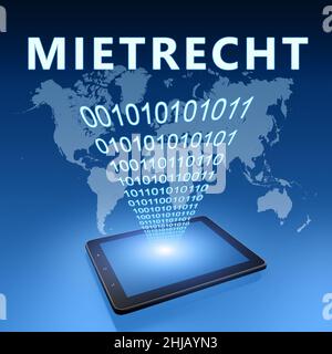 Mietrecht - deutsch Wort für Mietrecht - Text mit Tablet-Computer auf blauem digitalem Hintergrund der Weltkarte. 3D Darstellung rendern. Stockfoto