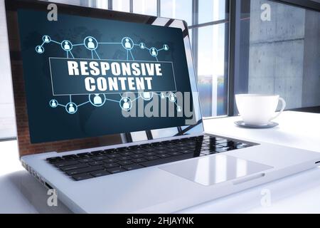 Reaktionsschneller Content-Text auf einem modernen Laptop-Bildschirm in Büroumgebungen. 3D Darstellung Business Text Konzept. Stockfoto
