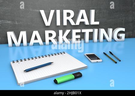 Virales Marketing - Textkonzept mit Tafel, Notizbuch, Stiften und Mobiltelefon. 3D Darstellung rendern. Stockfoto