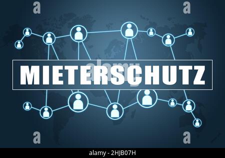 Mieterschutz - deutsches Wort für Mieterschutz - Textkonzept auf blauem Hintergrund mit Weltkarte und sozialen Symbolen. Stockfoto