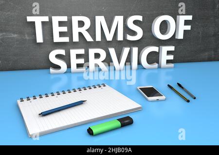 Terms of Service - Textkonzept mit Tafel, Notizbuch, Stiften und Mobiltelefon. 3D Darstellung rendern. Stockfoto