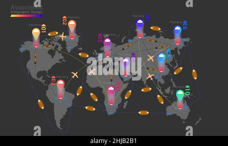 10 assoziierte Firma Fabrik Weltkarte Marke Punkt Infografik Design. vektor-Illustration EPS10 Stock Vektor