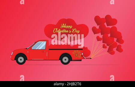 Happy Valentinstag Gold. Rot Pickup LKW Auto tragen schwimmende Herz. vektor-Illustration EPS10 Stock Vektor
