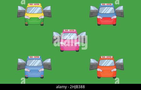 thai Taxi Kappe Auto vorne Rückansicht offene Tür Transport Service Personenwagen Typ gelb grün lila blau orange rot Vektor-Illustration Stock Vektor
