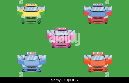 thai Taxi Kappe Auto vorne Rückansicht offene Tür Transport Service Personenwagen Typ gelb grün lila blau orange rot Vektor-Illustration Stock Vektor