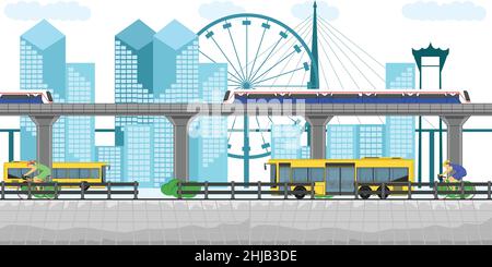 thailand Transport Bus aber Skytrain Fahrrad Gebäude Stadt Innenstadt Auto U-Bahn Bangkok Verkehr Wahrzeichen Vektor Illustration Design Tourist U Stock Vektor